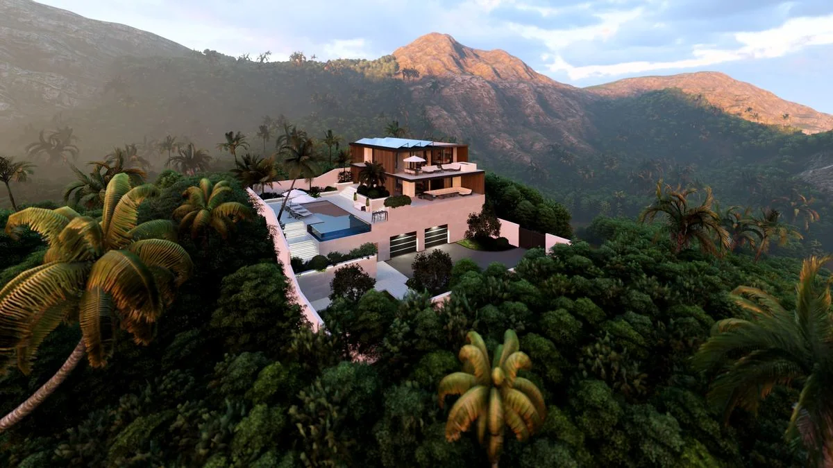 Villa en ladera, vista de dron, para promotoras y constructoras