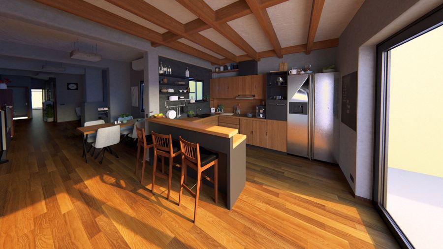 Cocina abierta en tonos madera, integrada con el salón.