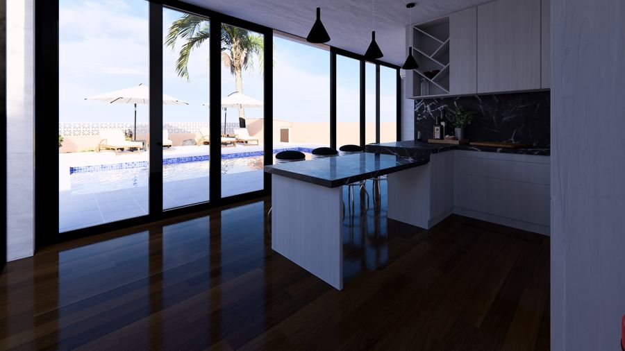 La misma cocina, abierta a la piscina exterior.