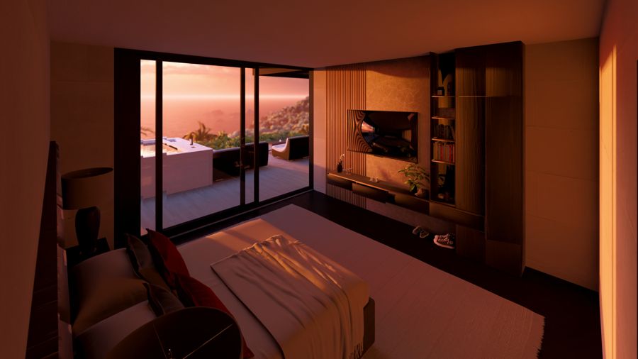 El mismo dormitorio al atardecer, con acceso directo a la terraza.