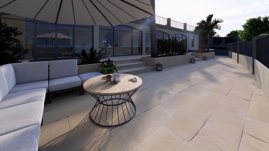 Porche cubierto con zona de estar exterior.