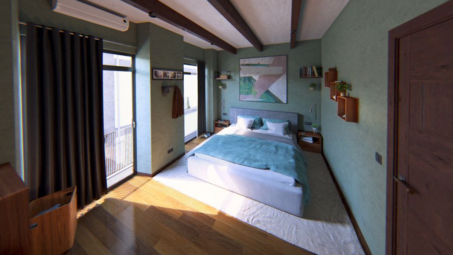 Dormitorio principal con pared en verde y textiles a juego.
