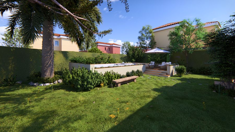 Jardín con piscina desbordante y zona de estar exterior.